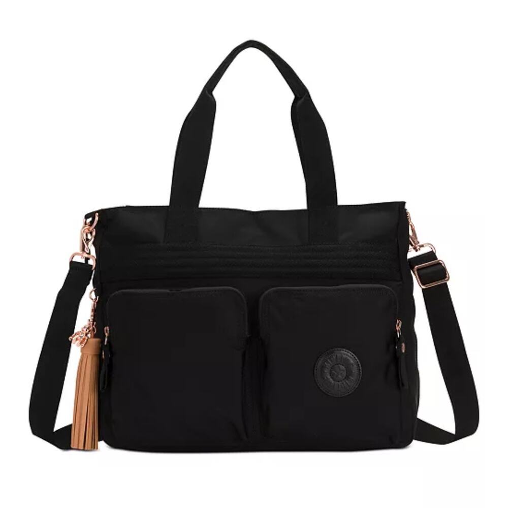 Kipling Esiana Black Nylon Tote Crossbody Bag Multi Pocket Rose Gold